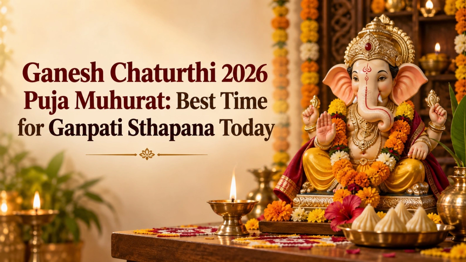 Ganesh Chaturthi 2026 puja setup with Lord Ganesha idol, marigold flowers, diya and modaks, highlighting Ganpati Sthapana Muhurat and puja timing.