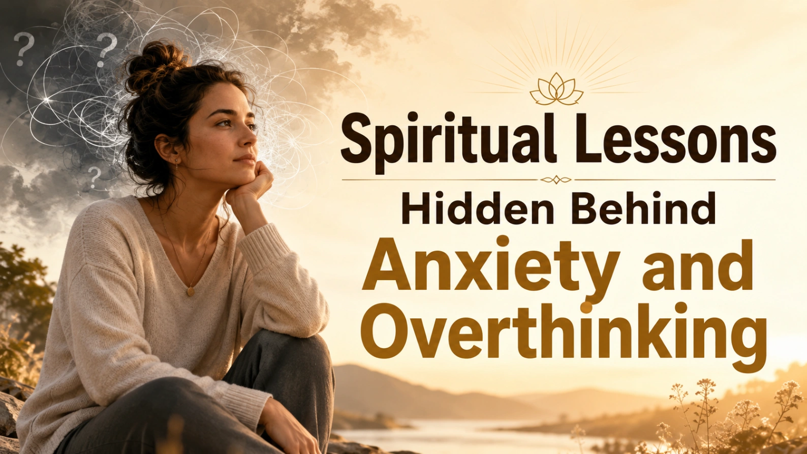 Thoughtful woman reflecting outdoors as swirling anxious thoughts fade into warm sunlight, symbolising spiritual healing, inner peace, and freedom from overthinking.