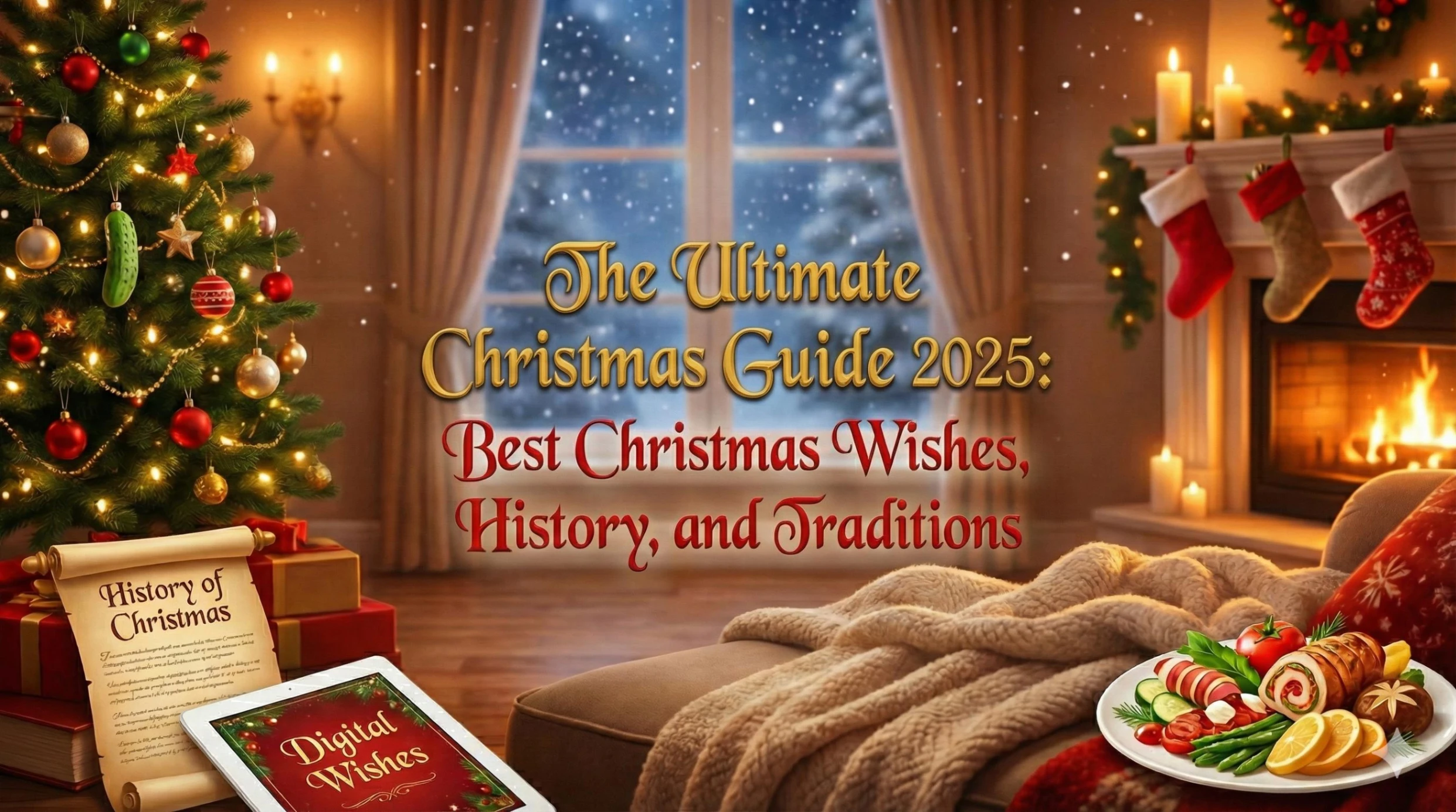 Festive Christmas blog header image featuring a cozy living room scene with a decorated tree and fireplace. Bold text in the center reads: 