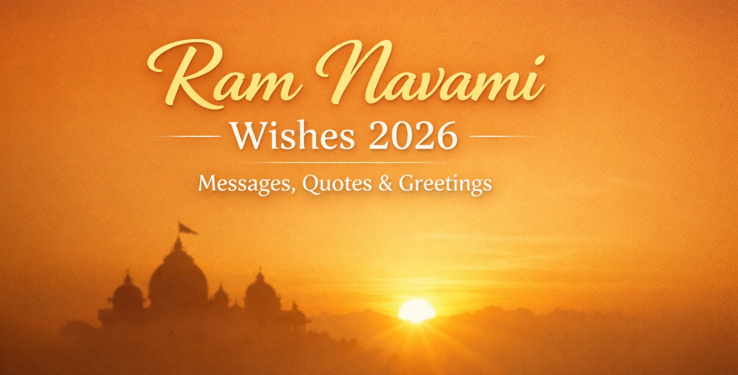 Minimal Ram Navami Wishes 2026 banner with saffron gradient background, sunrise glow, and subtle temple silhouette in a clean 16:9 design