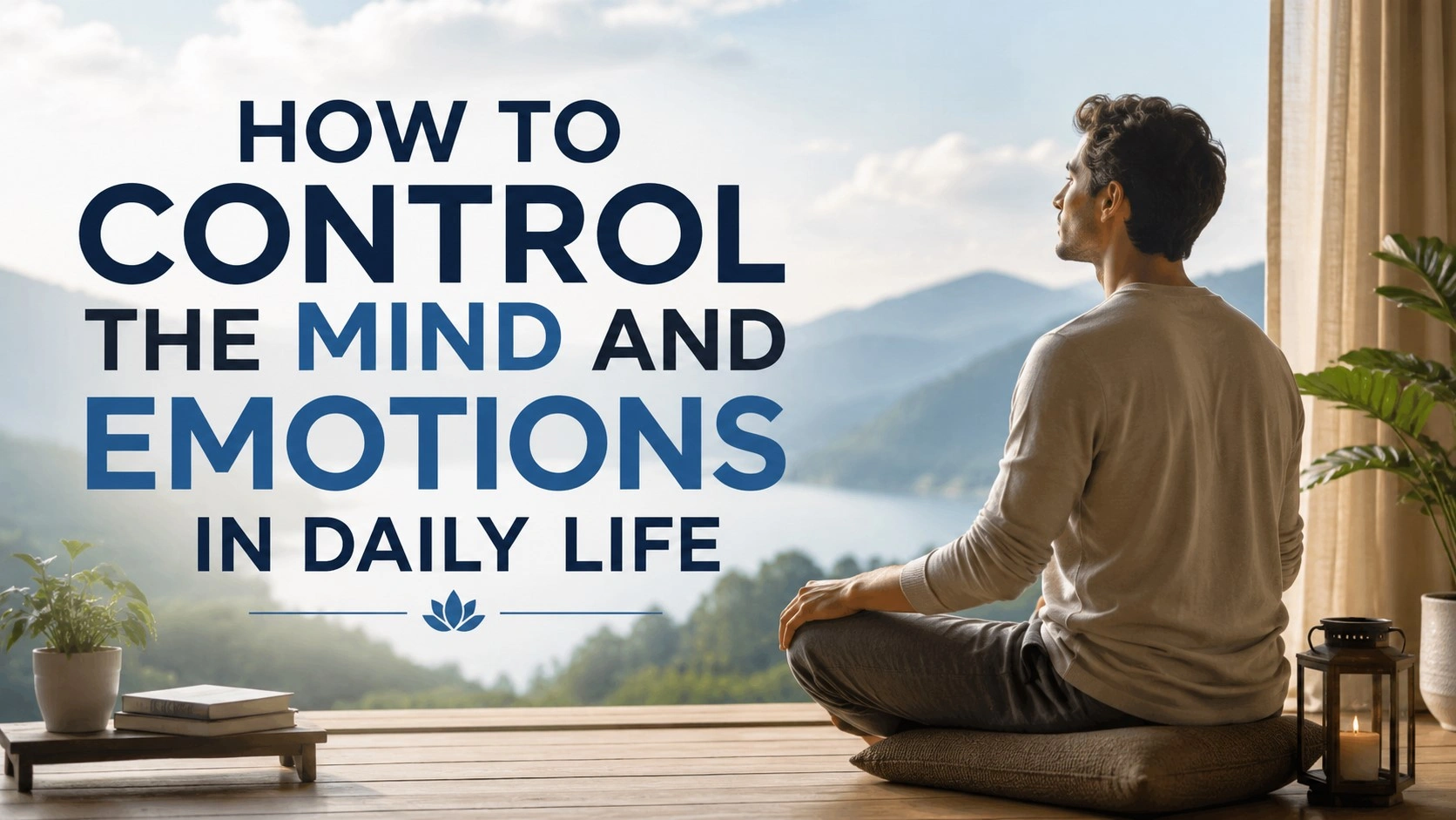 A peaceful person sitting in meditation near a window with a serene mountain and lake view, with bold text reading “How to Control the Mind and Emotions in Daily Life.”