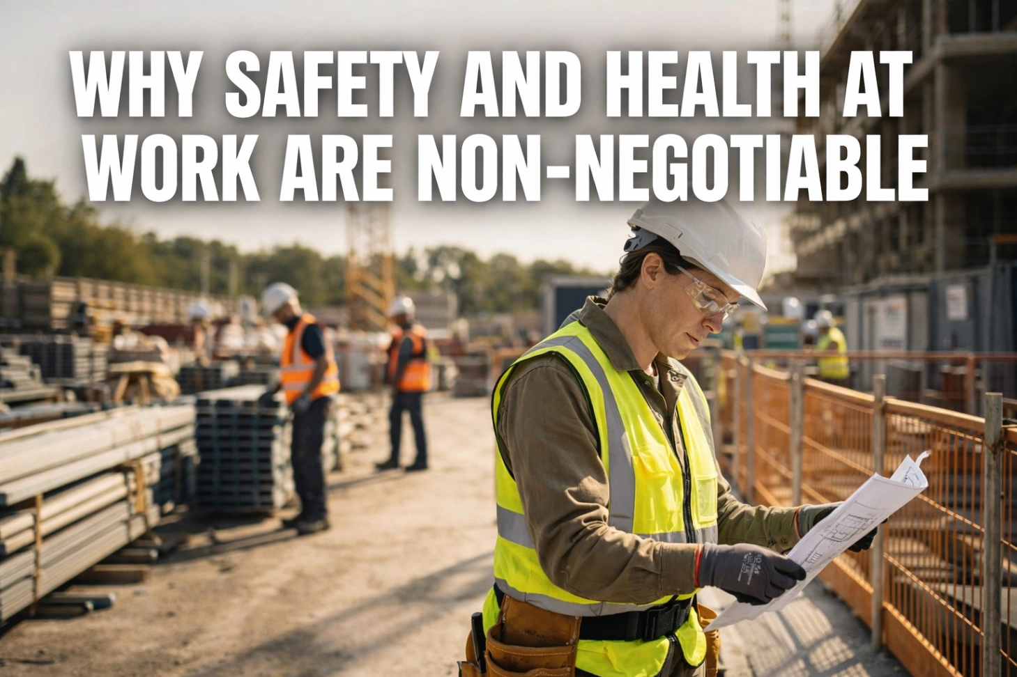 A realistic construction site scene showing workers wearing safety helmets and high-visibility jackets, focusing on workplace safety practices, with the bold title “Why Safety and Health at Work Are Non-Negotiable” displayed prominently in a clean 16:9 layout.