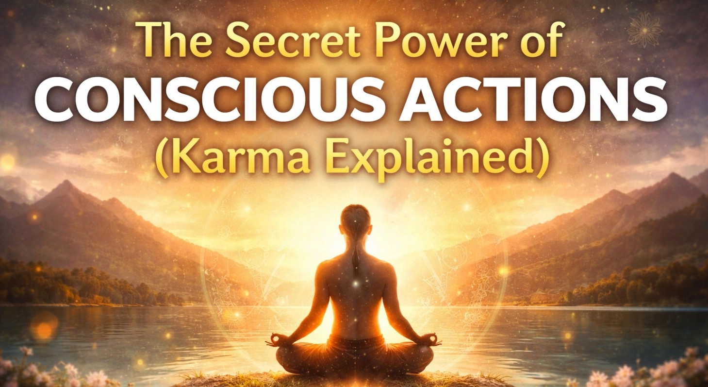A serene spiritual scene showing a person meditating beside a calm lake at sunrise with mountains in the background, glowing light around them, and bold golden text reading “The Secret Power of Conscious Actions (Karma Explained)”.