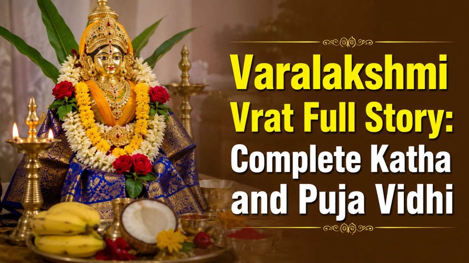 Varalakshmi Vrat puja setup with Goddess Lakshmi idol, flowers, lamps, fruits and offerings, featuring the title “Varalakshmi Vrat Full Story: Complete Katha and Puja Vidhi.”