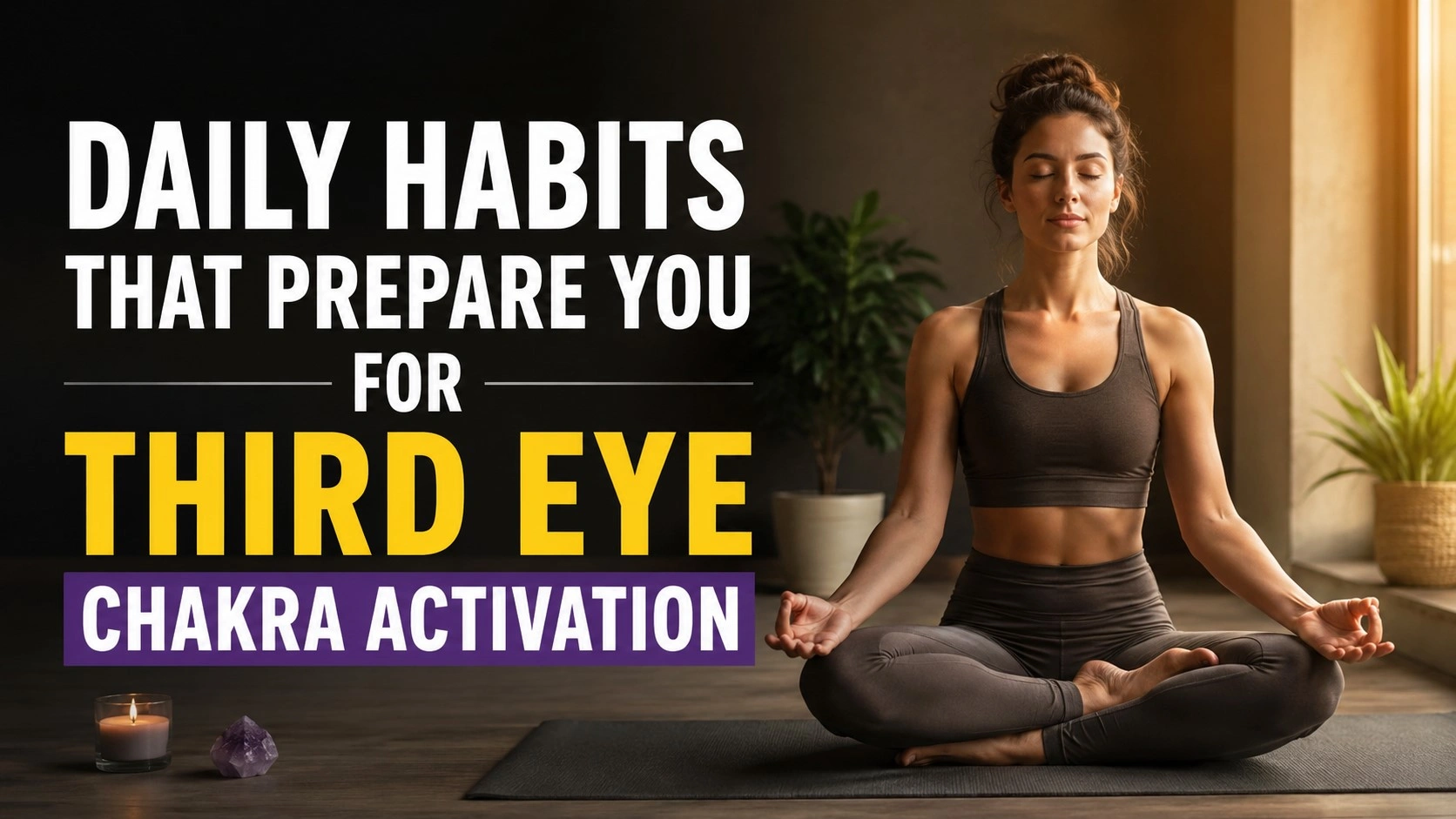 Realistic woman meditating in a calm indoor space beside bold text reading “Daily Habits That Prepare You for Third Eye Chakra Activation.”